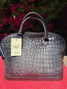 CIVICO 93 Black Croc-Embossed Genuine Leather Satchel Made in Italy